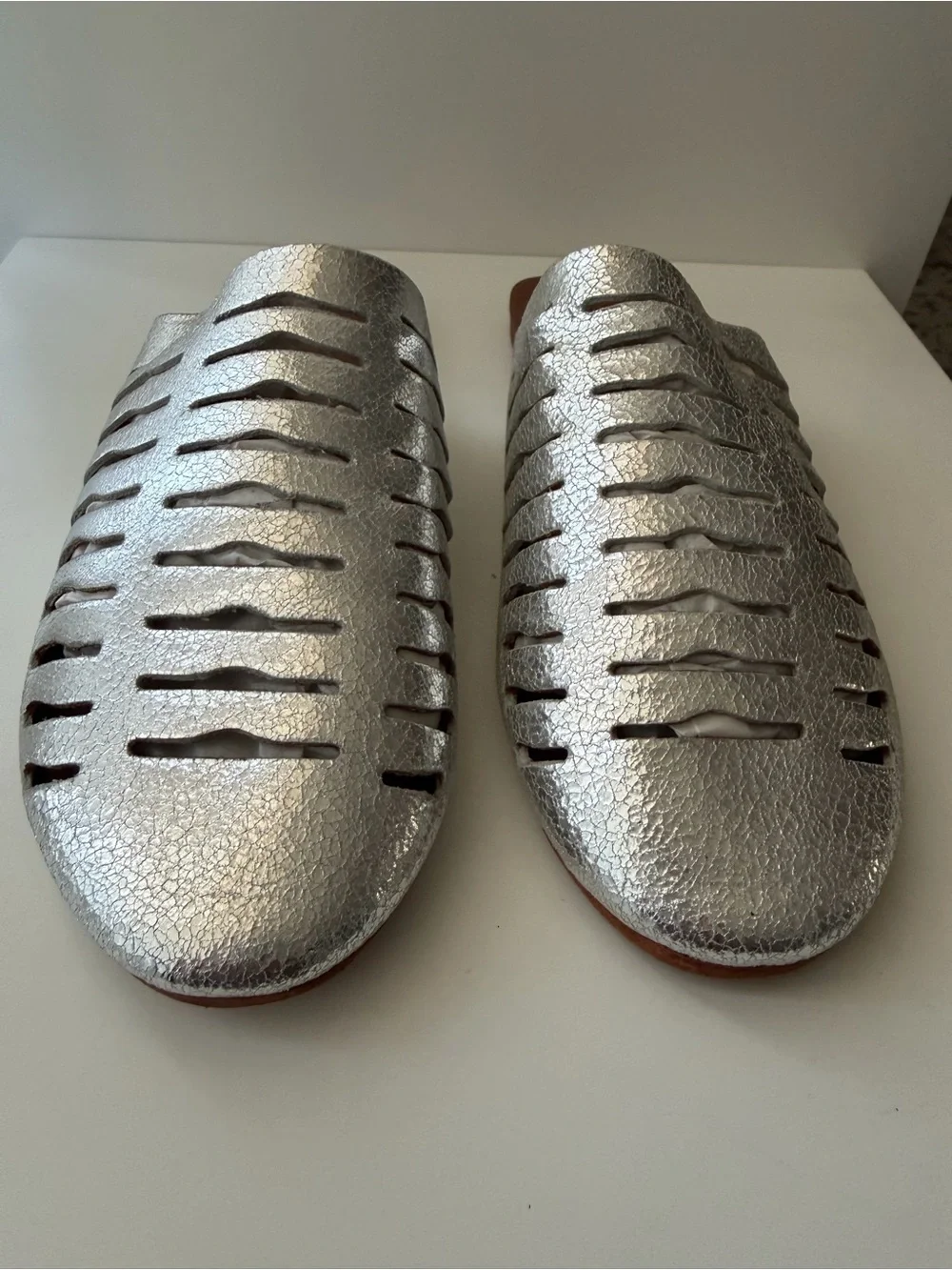 Free People Slice of Sun Silver Leather Cutout Mule Flats - Size 7.5 NWT